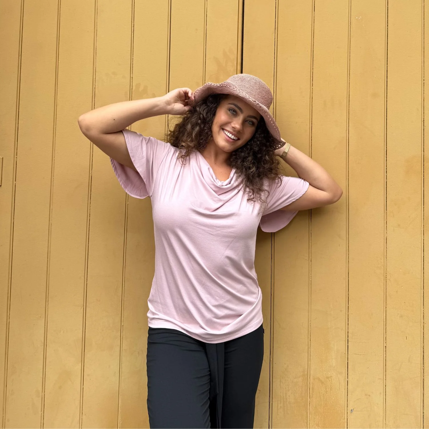 Verona Short-Sleeve Cowl Neck Top — Blush Pink - Image 3